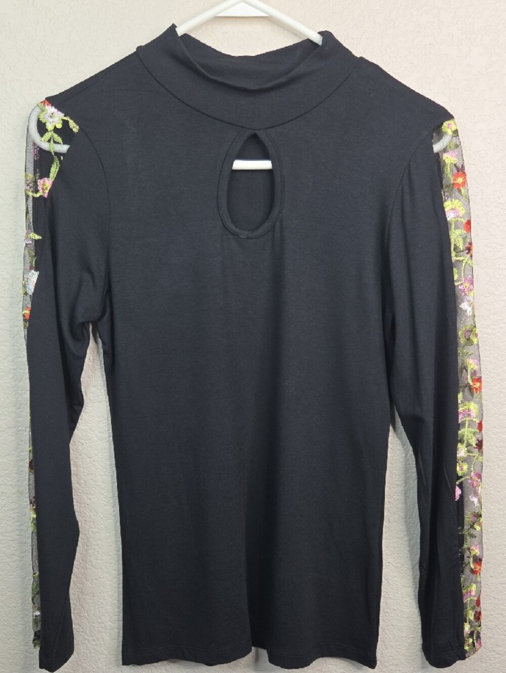 Black Mock-Neck Long Sleeve Top with Floral Embroidered Sheer Sleeves